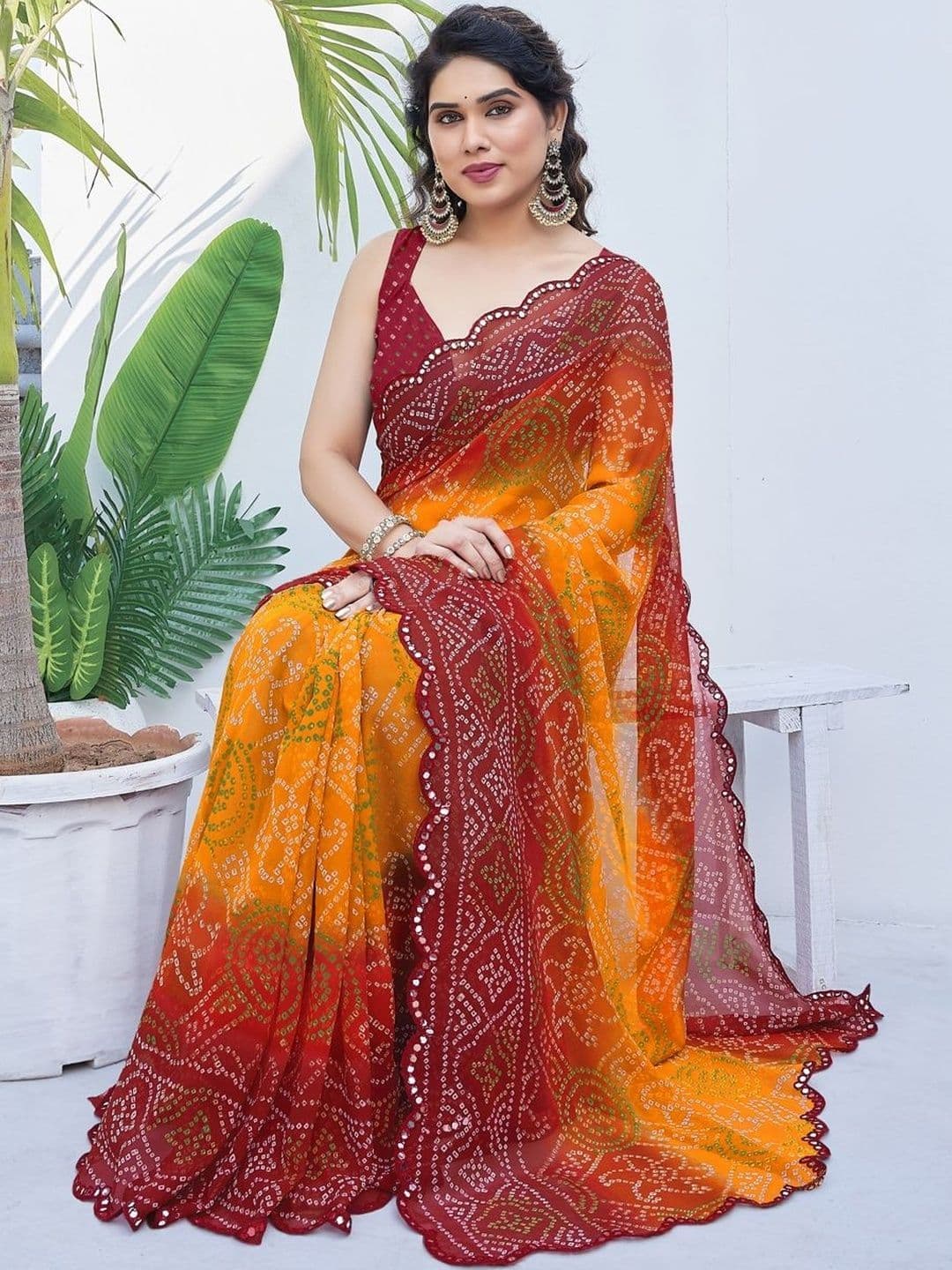Subham Bandhani Mirror Work Poly Georgette Bandhani Saree - view 1