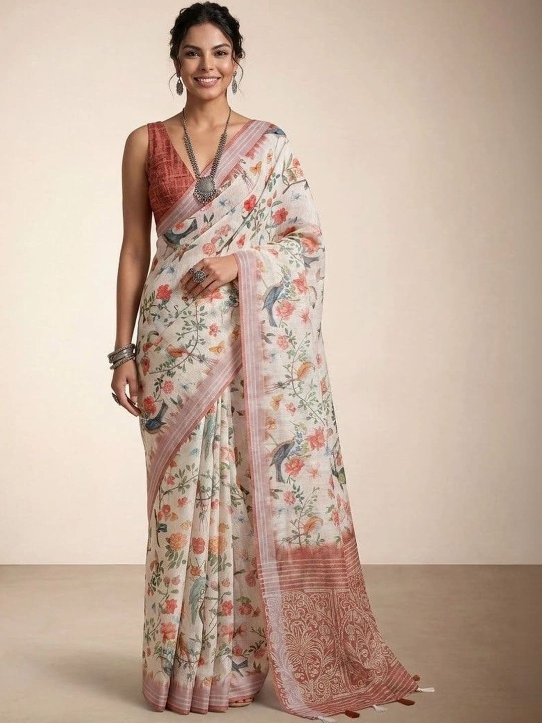 Anouk Floral Pure Linen Jamdani Saree - view 1