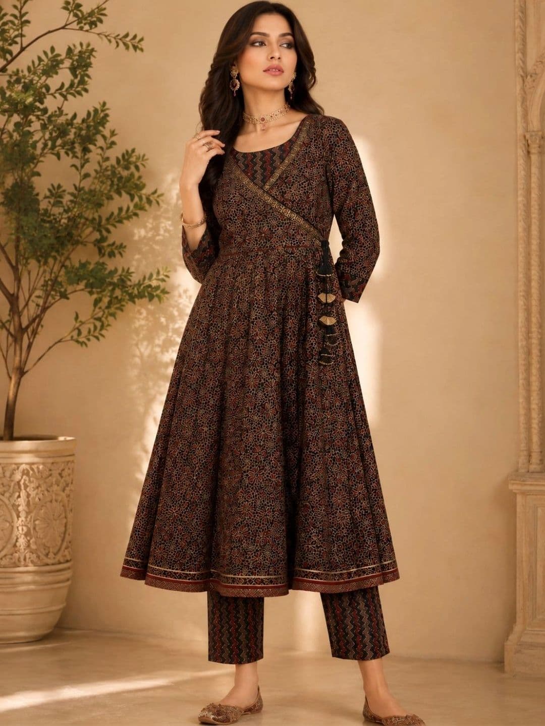 indo street Women Ethnic Motifs Printed Angrakha Pure Cotton Kurta with Trousers - view 1