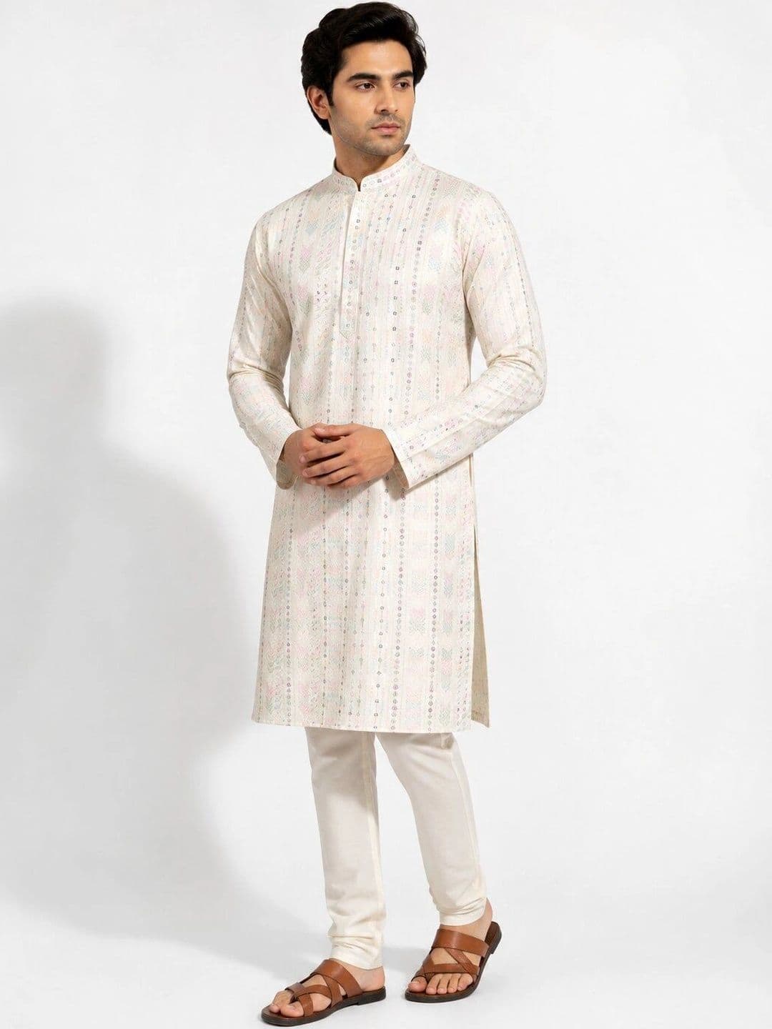 The Dapperman Men Ethnic Motifs Embroidered Thread Work Pastels Kurta - view 1