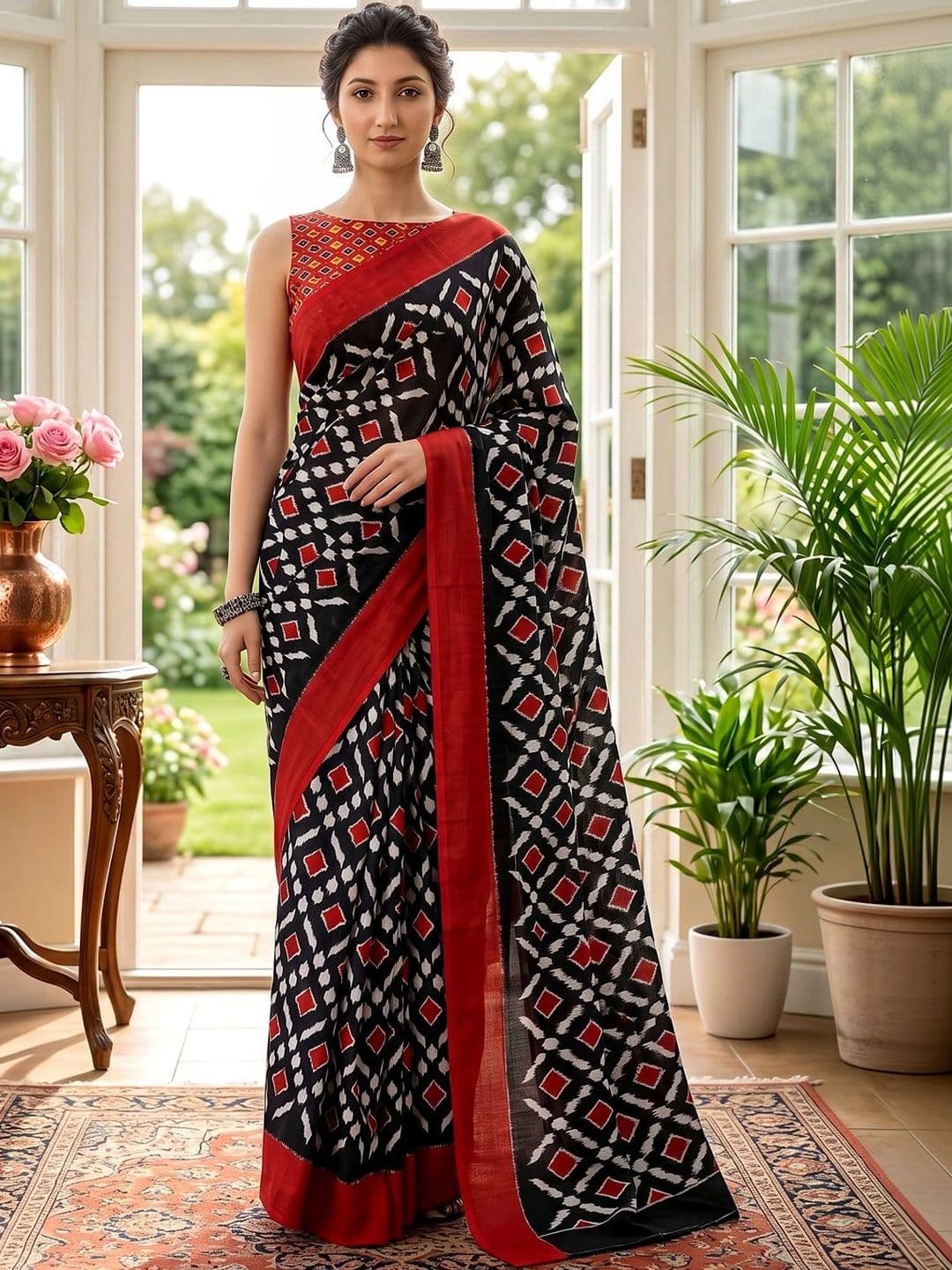 VS MALL Floral Pure Cotton Ikat Saree - view 1