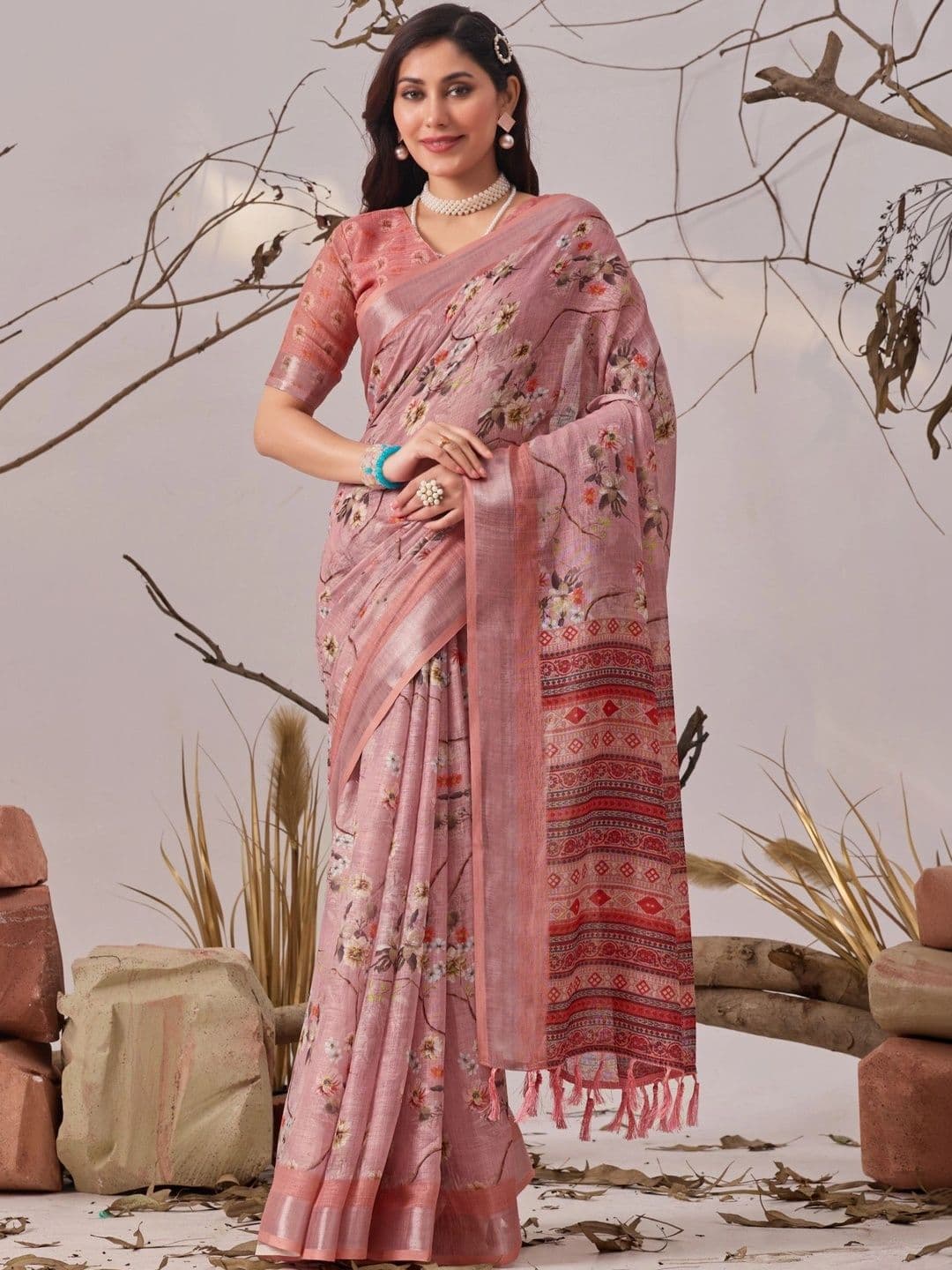Moda Rapido Floral Linen Blend Designer Patola Saree - view 1