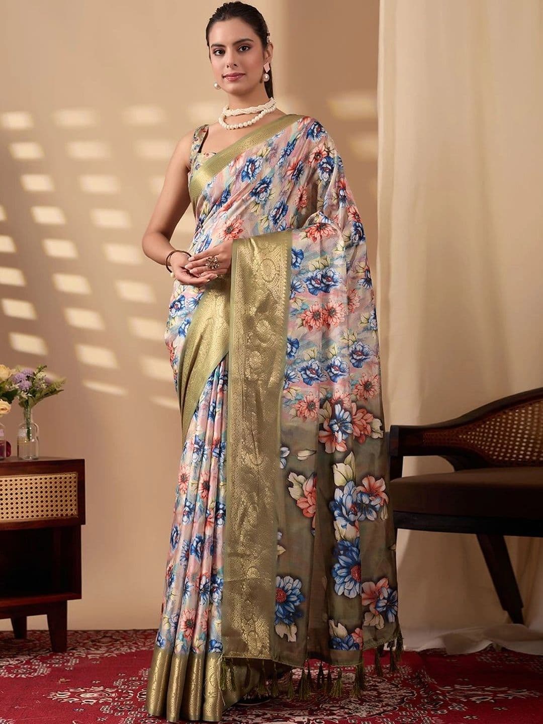 Moda Rapido Floral Zari Silk Blend Designer Saree - view 1