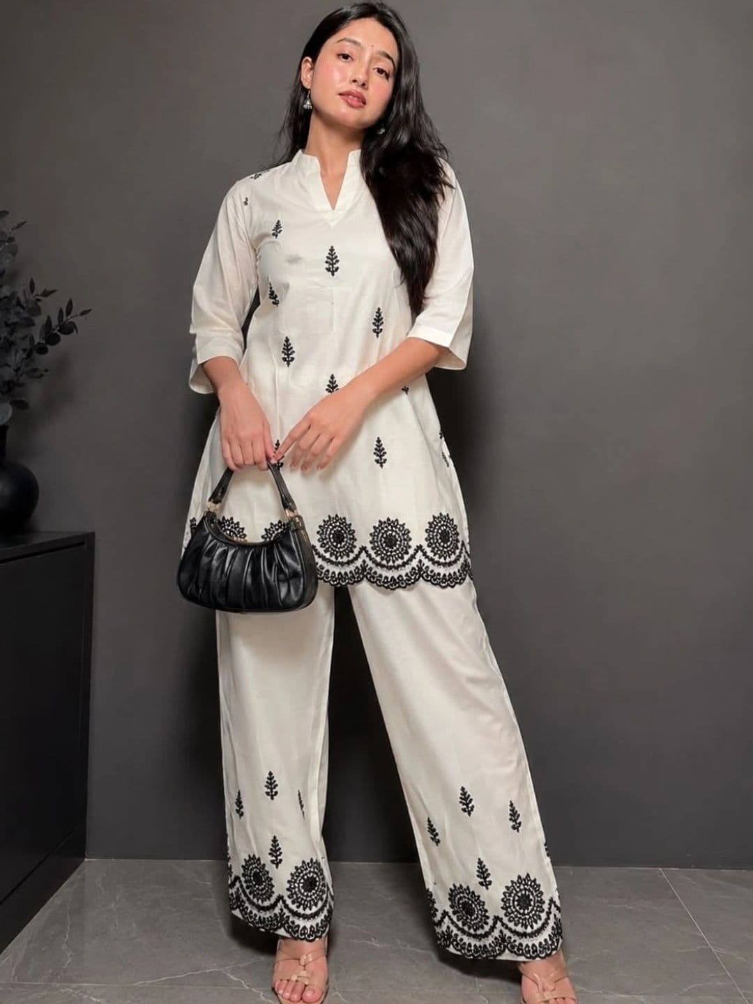 TWINS LADY Cotton Embroidered Top with Palazzos - view 1