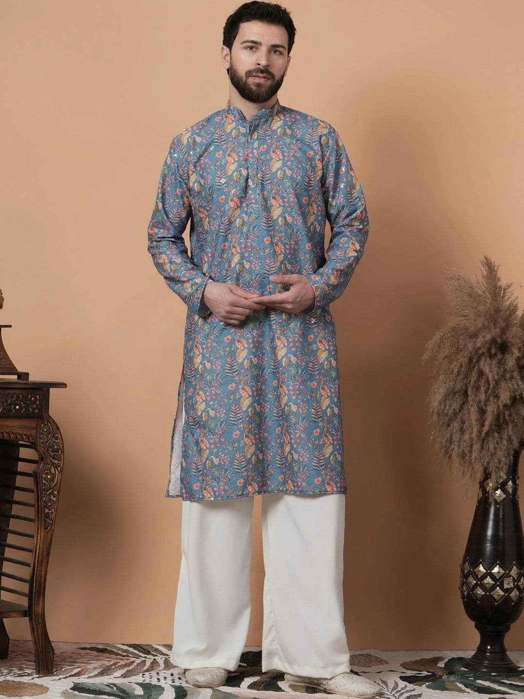 SHROBH Men Floral Printed Sequinned Floral Kurta - view 1