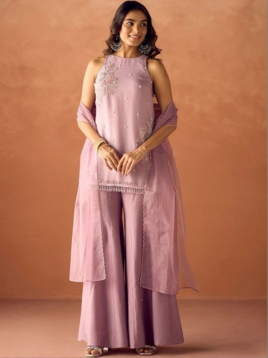 HERE&NOW Women Ethnic Motifs Embroidered Regular Thread Work Kurta with Sharara & With Dupatta - view 1