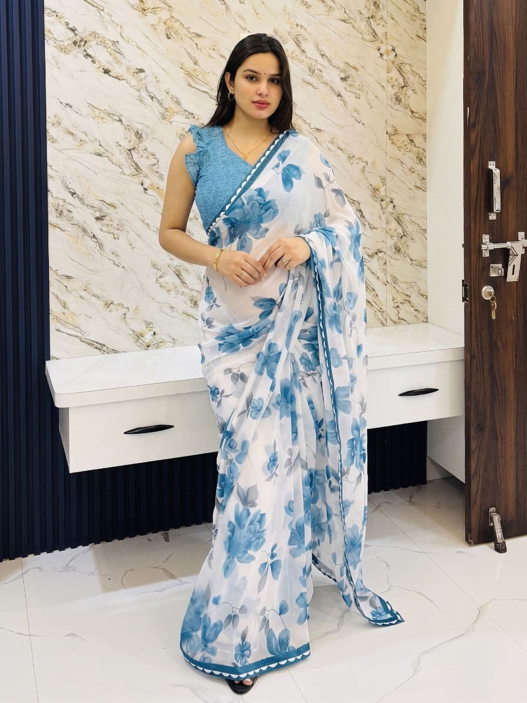 TELIRAJ FASHIONS Floral Pure Georgette Designer Block Print Saree - view 1