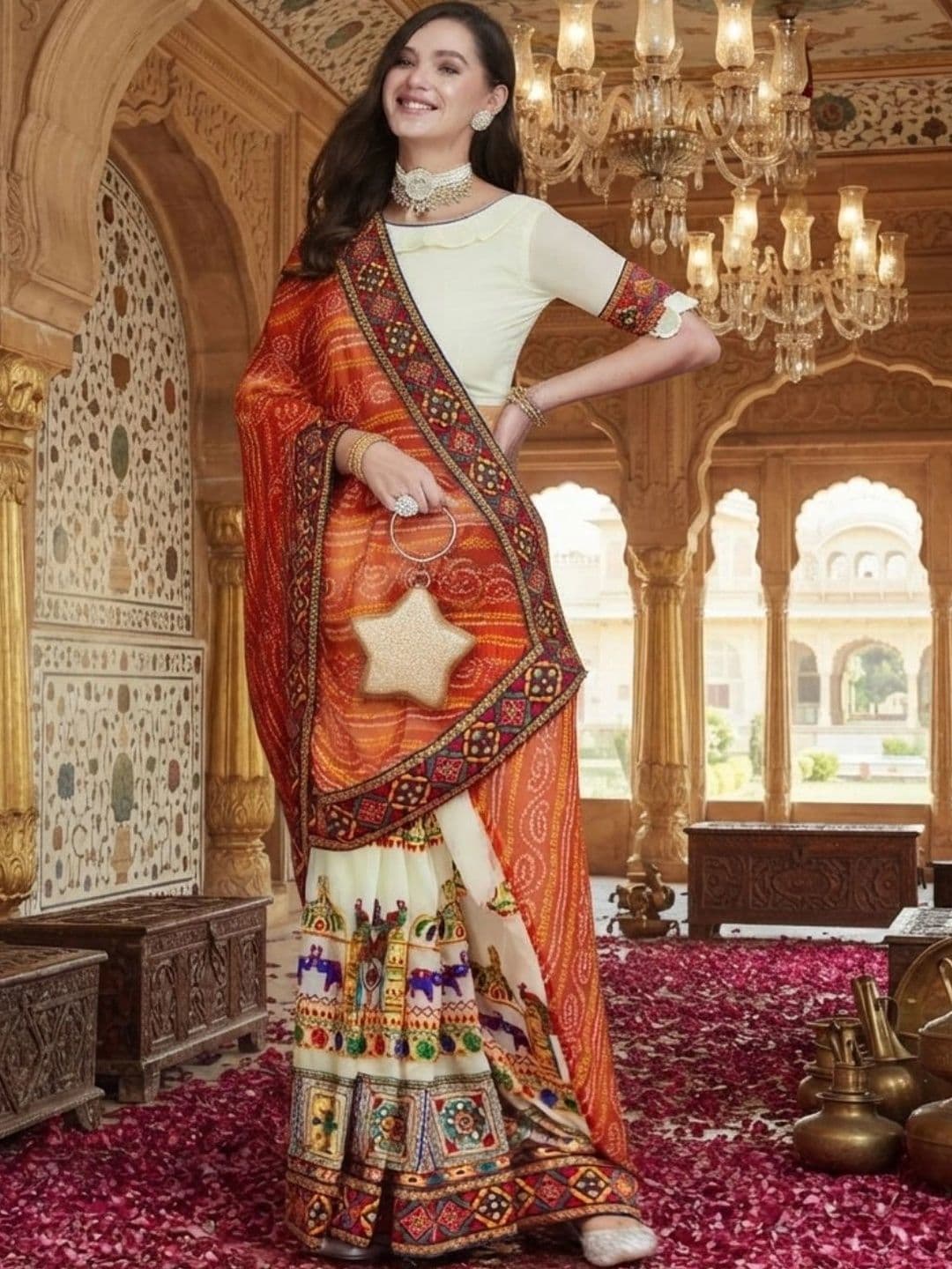 SERONA FABRICS Bandhani Embroidered Poly Georgette Half and Half Bandhani Saree - view 1