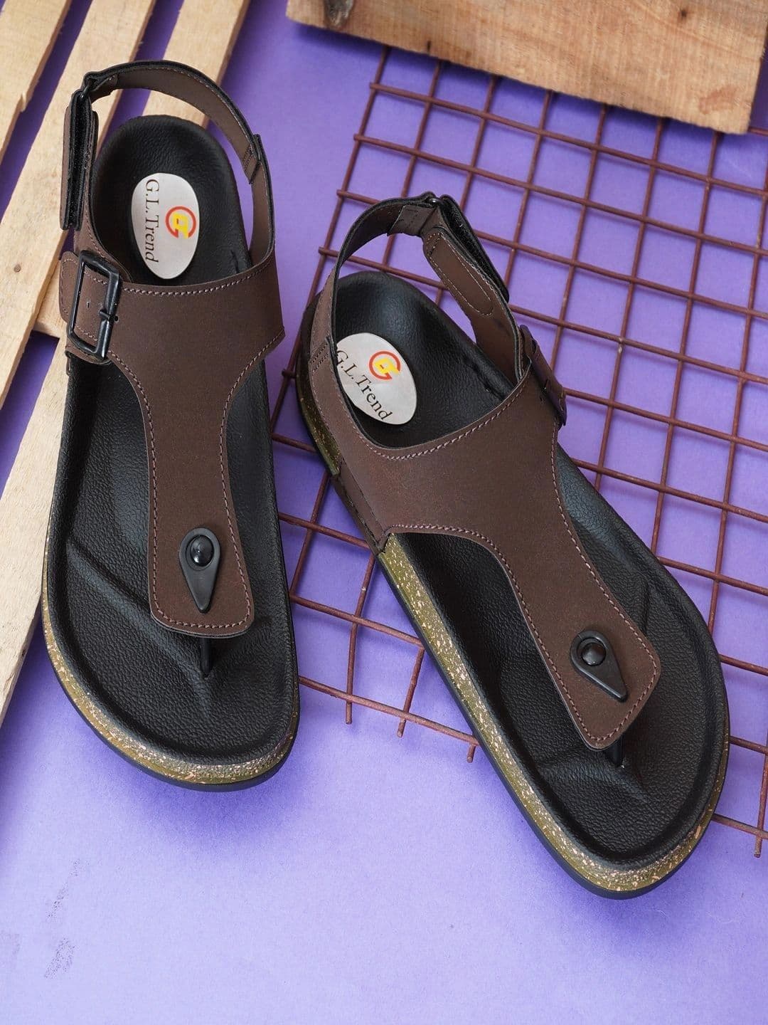 G L Trend Men Casual Iightweight Brown T Strap Velcro Sandals - view 1