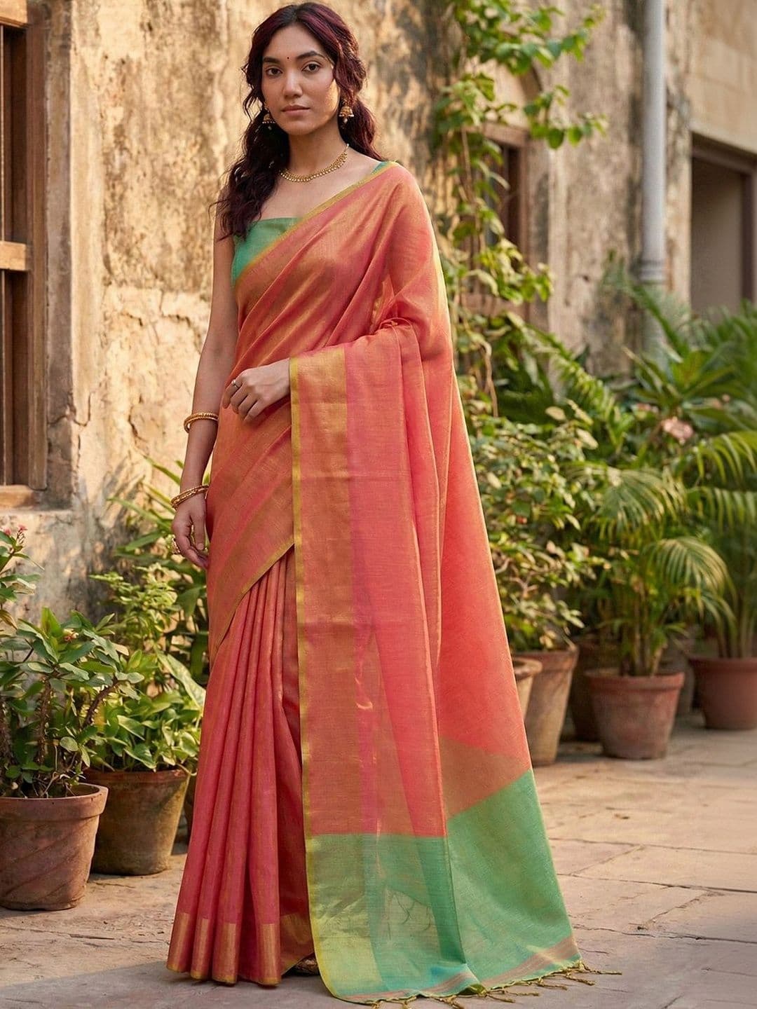 Mitera Striped Zari Tissue Saree - view 1