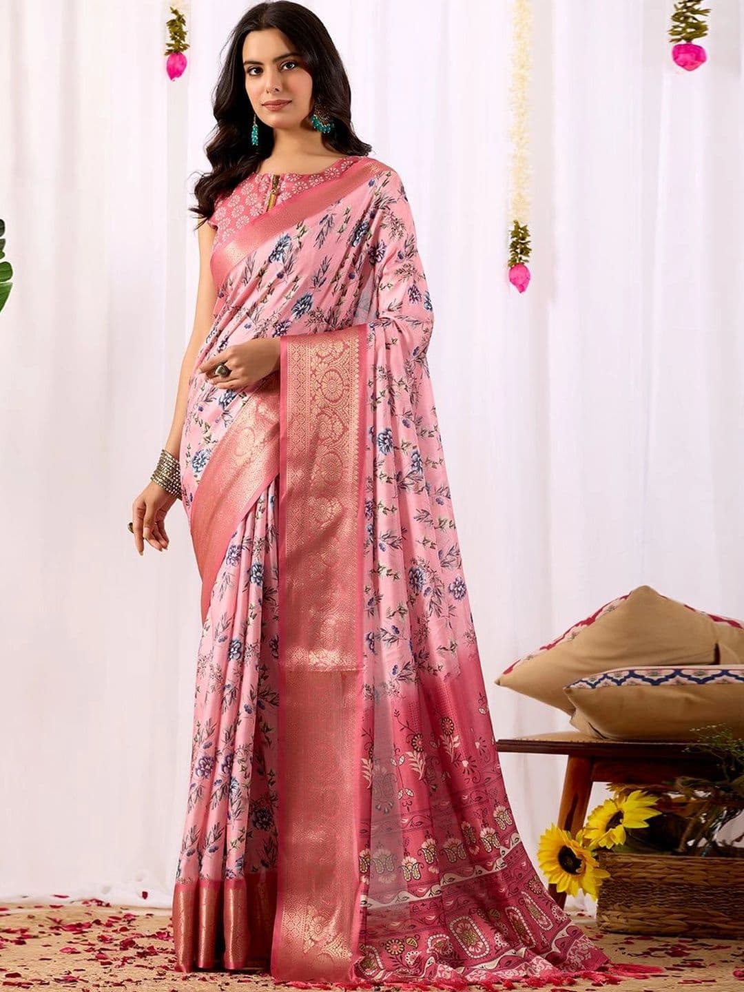 Moda Rapido Floral Zari Silk Blend Designer Saree - view 1