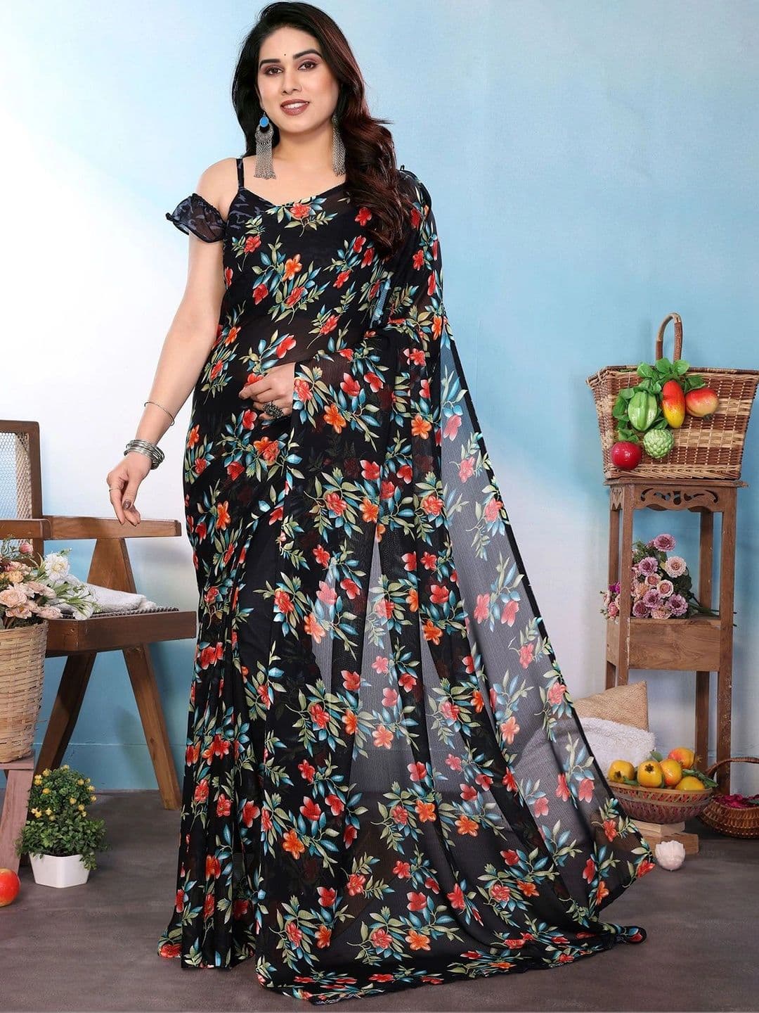 JANOI Floral Pure Georgette Saree - view 1