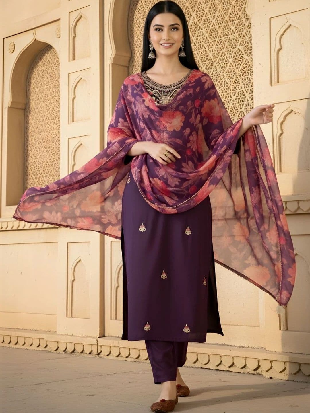 HERE&NOW Women Floral Embroidered Regular Thread Work Kurta with Trousers & With Dupatta - view 1