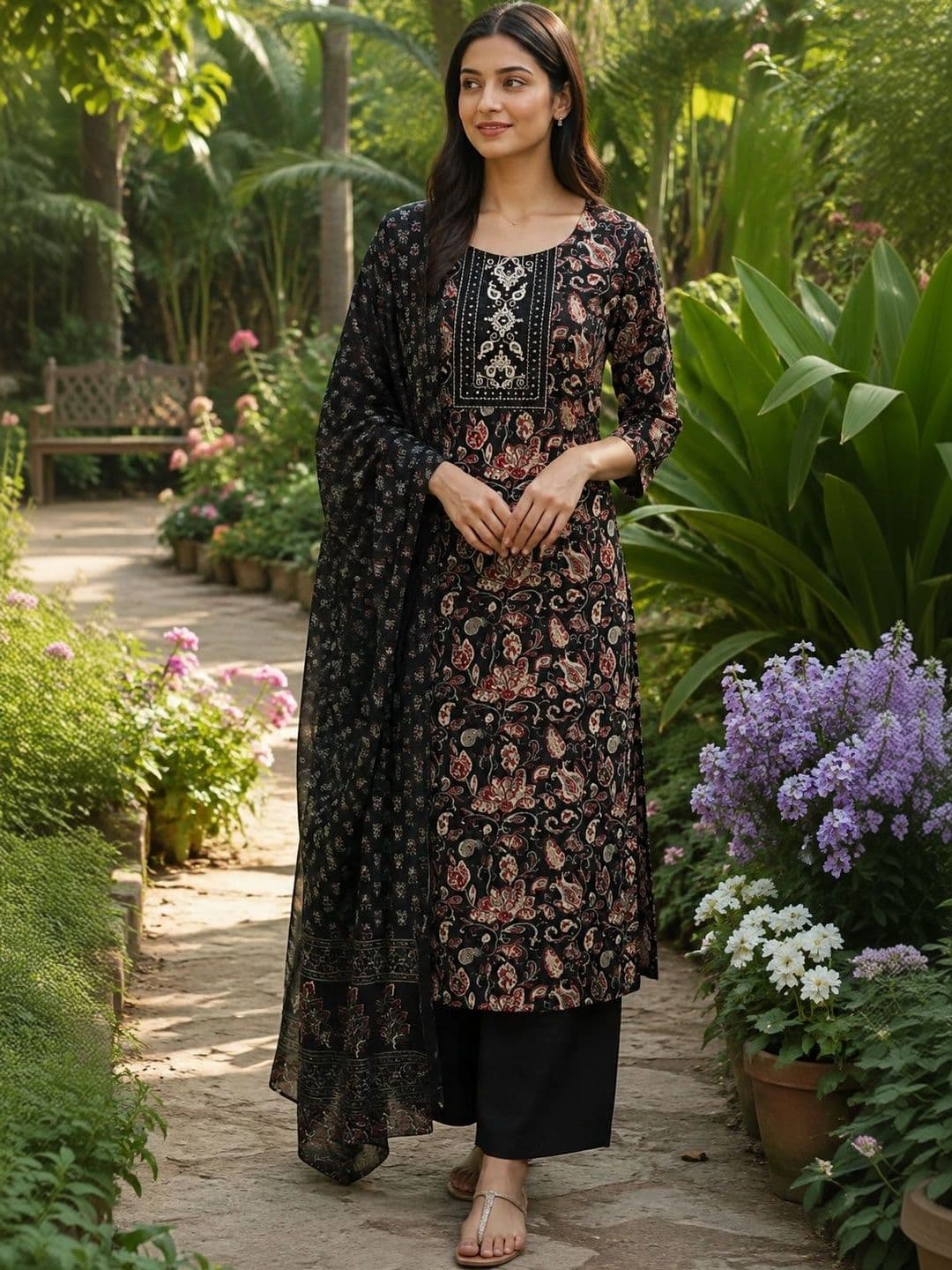 Moda Rapido Women Ethnic Motifs Printed Regular Thread Work Kurta with Palazzos & With Dupatta - view 1