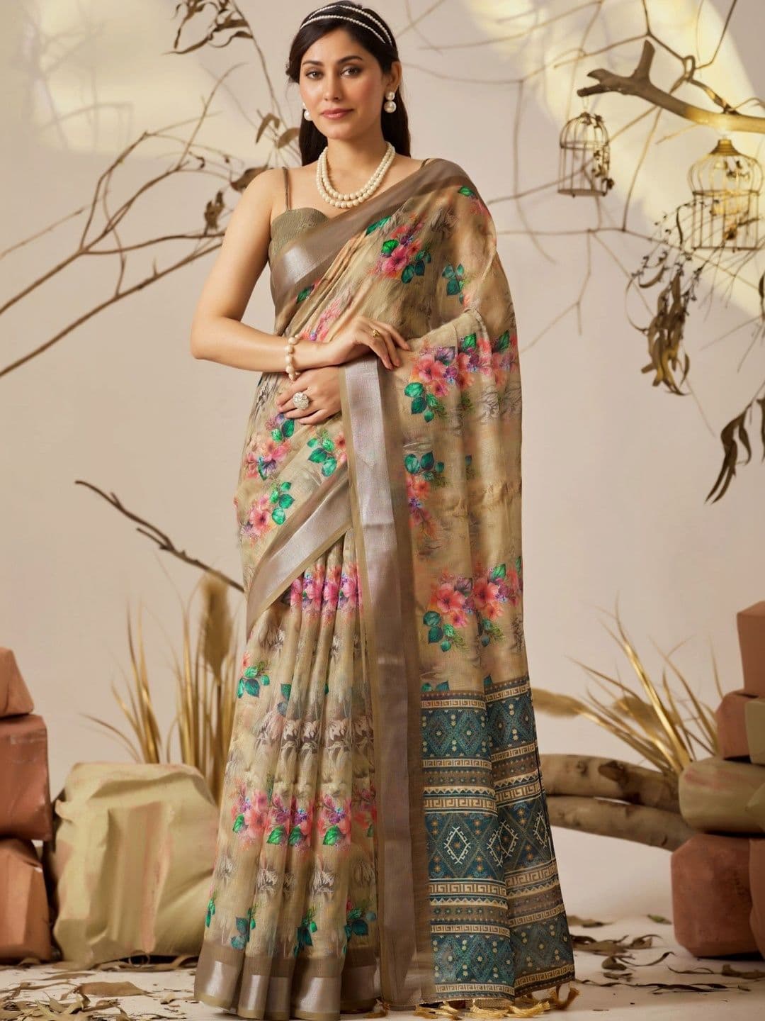 Moda Rapido Floral Zari Linen Blend Designer Saree - view 1