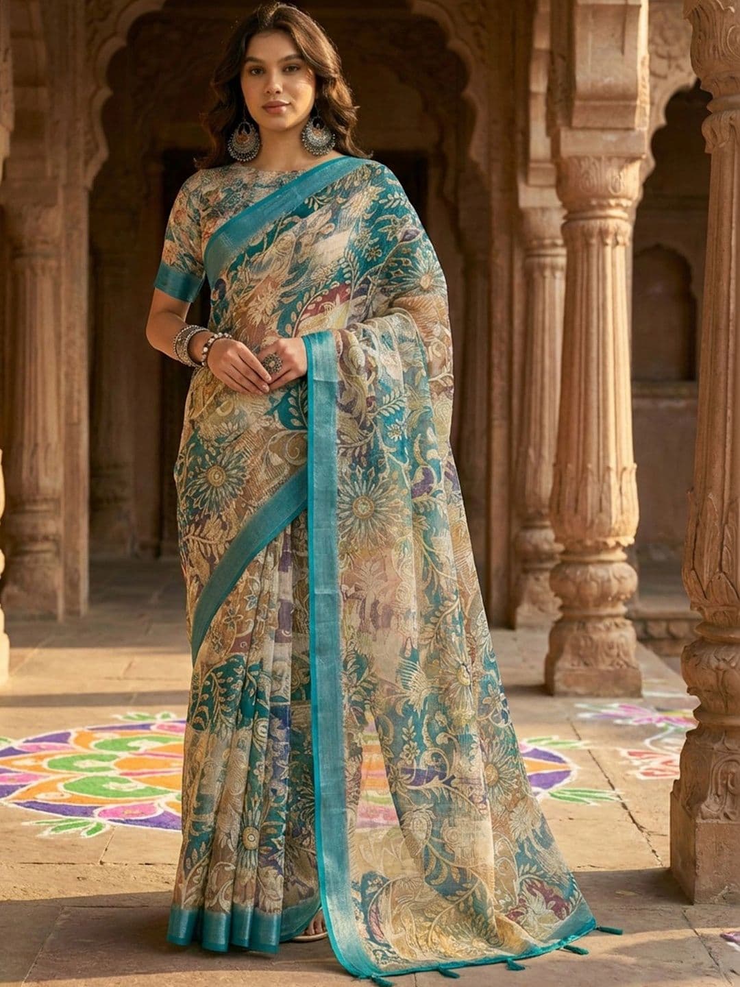 Anouk Rustic Floral Zari Pure Linen Designer Khadi Saree - view 1