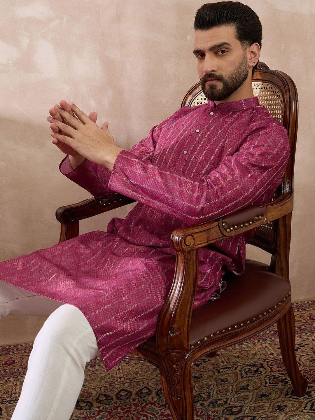 House of Pataudi Printed Silk Mandarin Collar Calf Length Straight Kurta - view 1