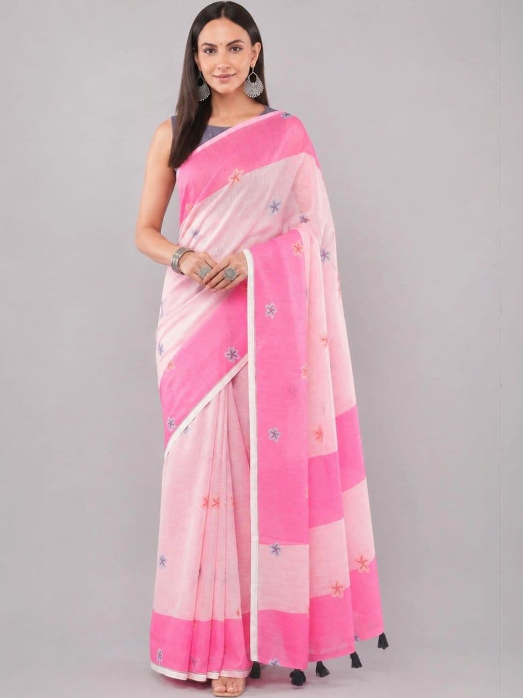 SAMANTHA Striped Embroidered Linen Blend Saree - view 1