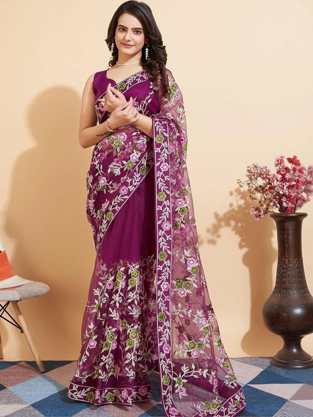 akhodalkrp Floral Embroidered Net Saree - view 1