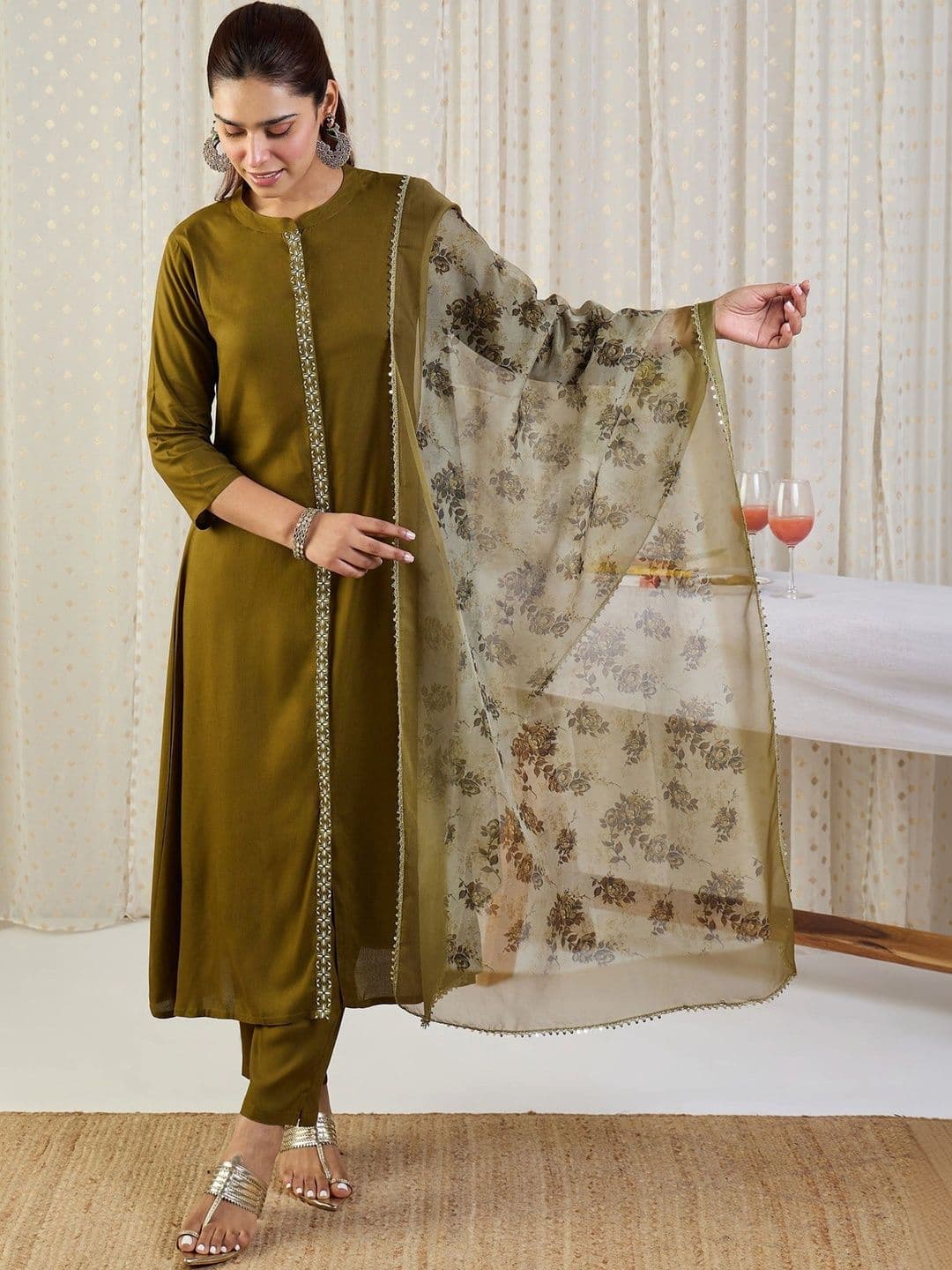 KALINI Women Ethnic Motifs Regular Thread Work Kurta with Trousers & With Dupatta - view 1