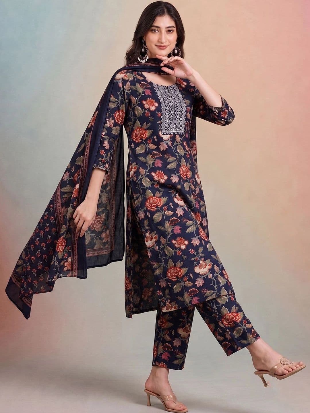 AADVIKA Women Floral Printed Regular Thread Work Kurta with Trousers & With Dupatta - view 1