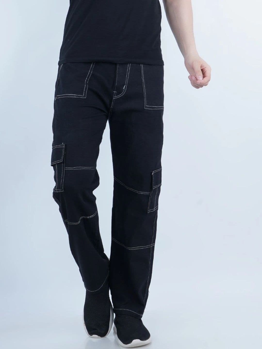 HERE&NOW Men's Jet Black Contrast-Stitched Panelled Cargo Relaxed Fit Mid-Rise Jeans - view 1