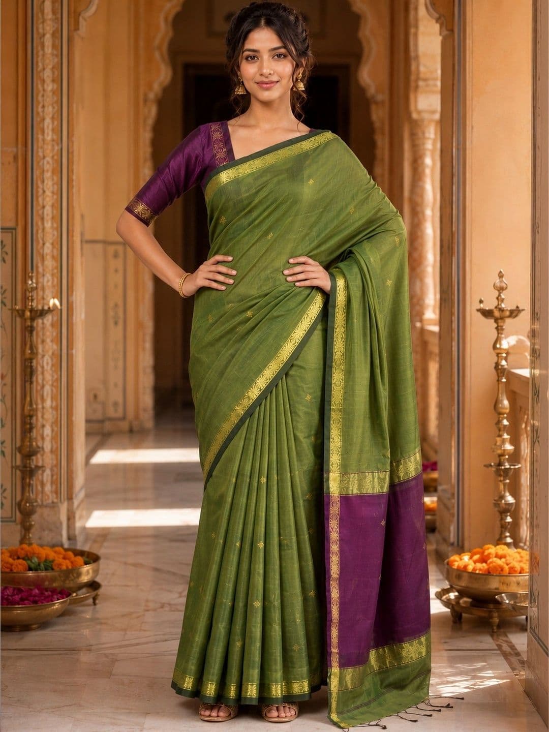 Saatika Women Cotton Solid Zari Saree with Blouse Piece - view 1