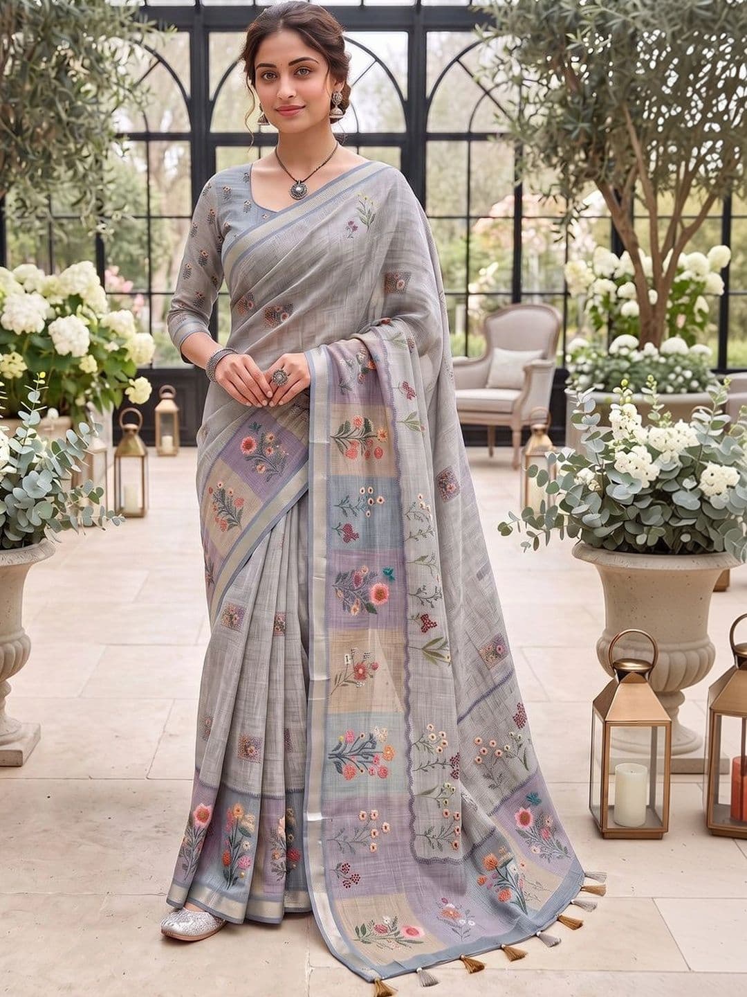 Mitera Floral Embroidered Linen Blend Tussar Saree - view 1