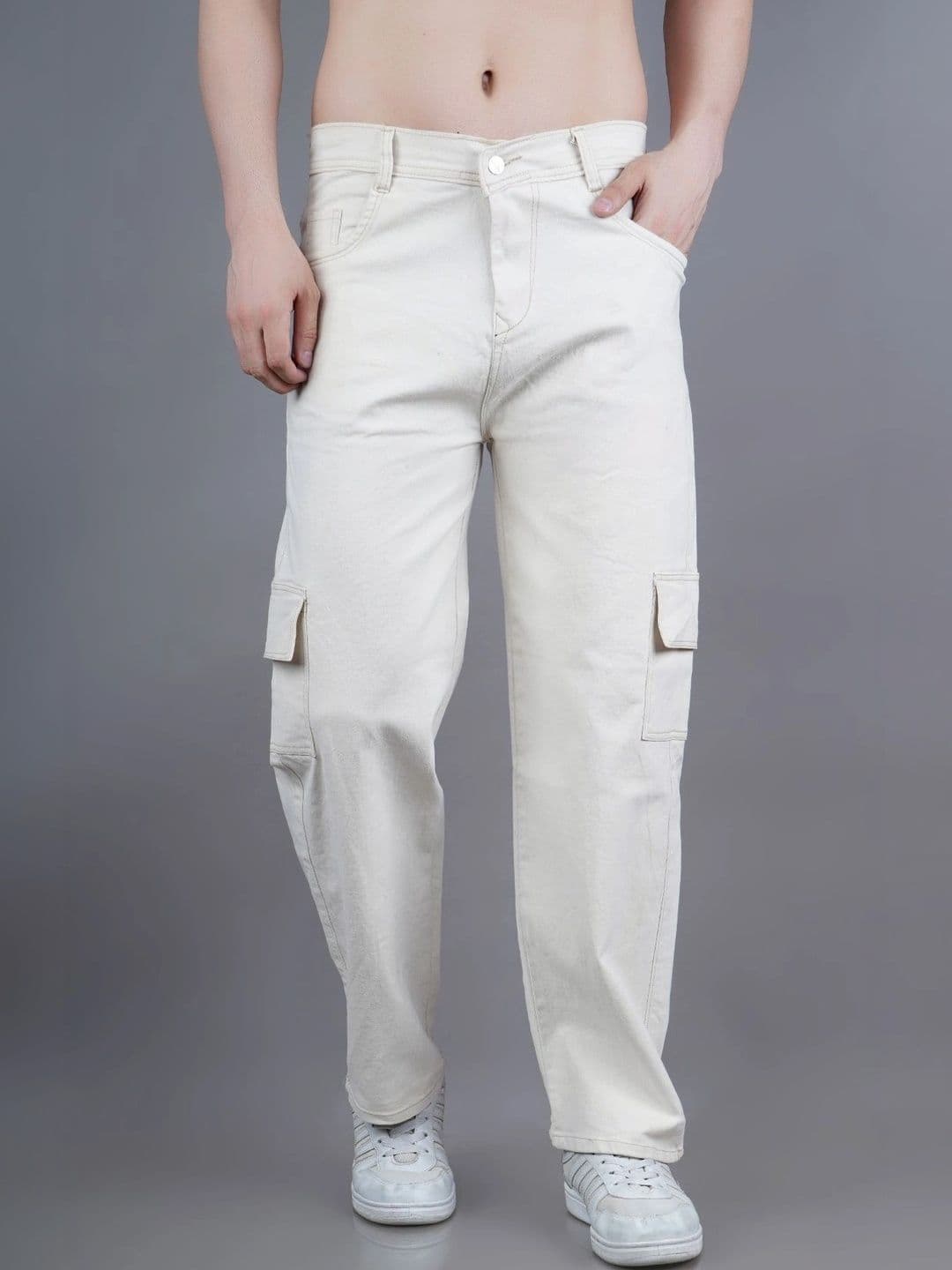 HERE&NOW Men's Beige Mid-Rise Cargo Relaxed Straight Jeans - view 1
