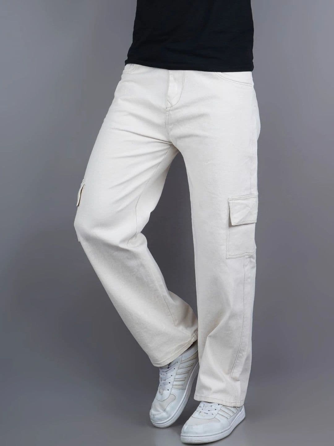 HERE&NOW Men's Beige Mid-Rise Cargo Wide-Leg Jeans - view 1