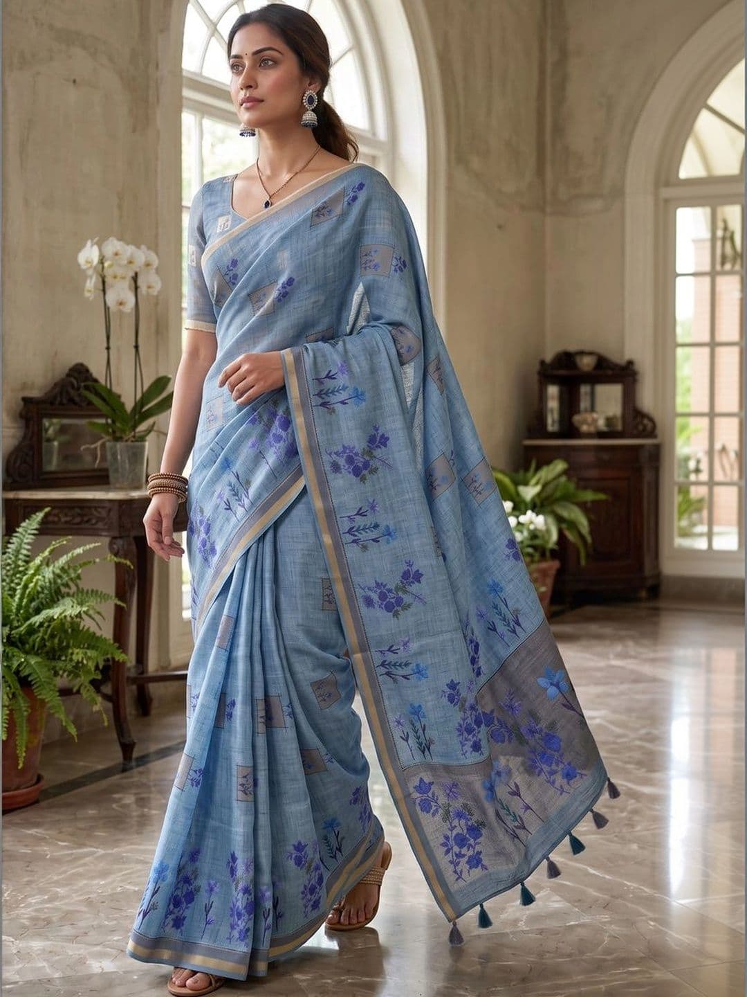 Mitera Floral Linen Blend Tussar Saree - view 1
