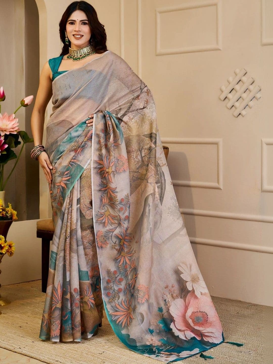 ZAMUNA Floral Tissue Designer Bhagalpuri Saree - view 1