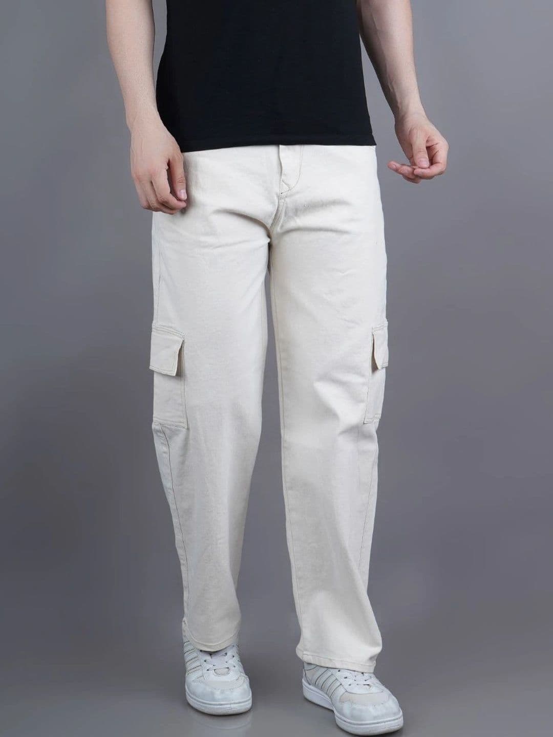 HERE&NOW Men's Solid Beige Cargo Mid-Rise Relaxed Straight Fit Jeans - view 1