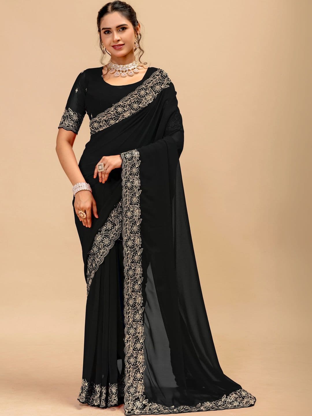 Saanvi Floral Embroidered Poly Georgette Saree - view 1
