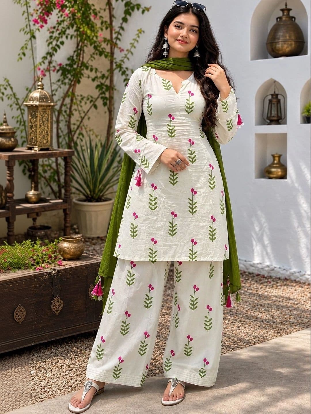 HERE&NOW Women Floral Printed Regular Pure Cotton Kurta with Palazzos & With Dupatta - view 1