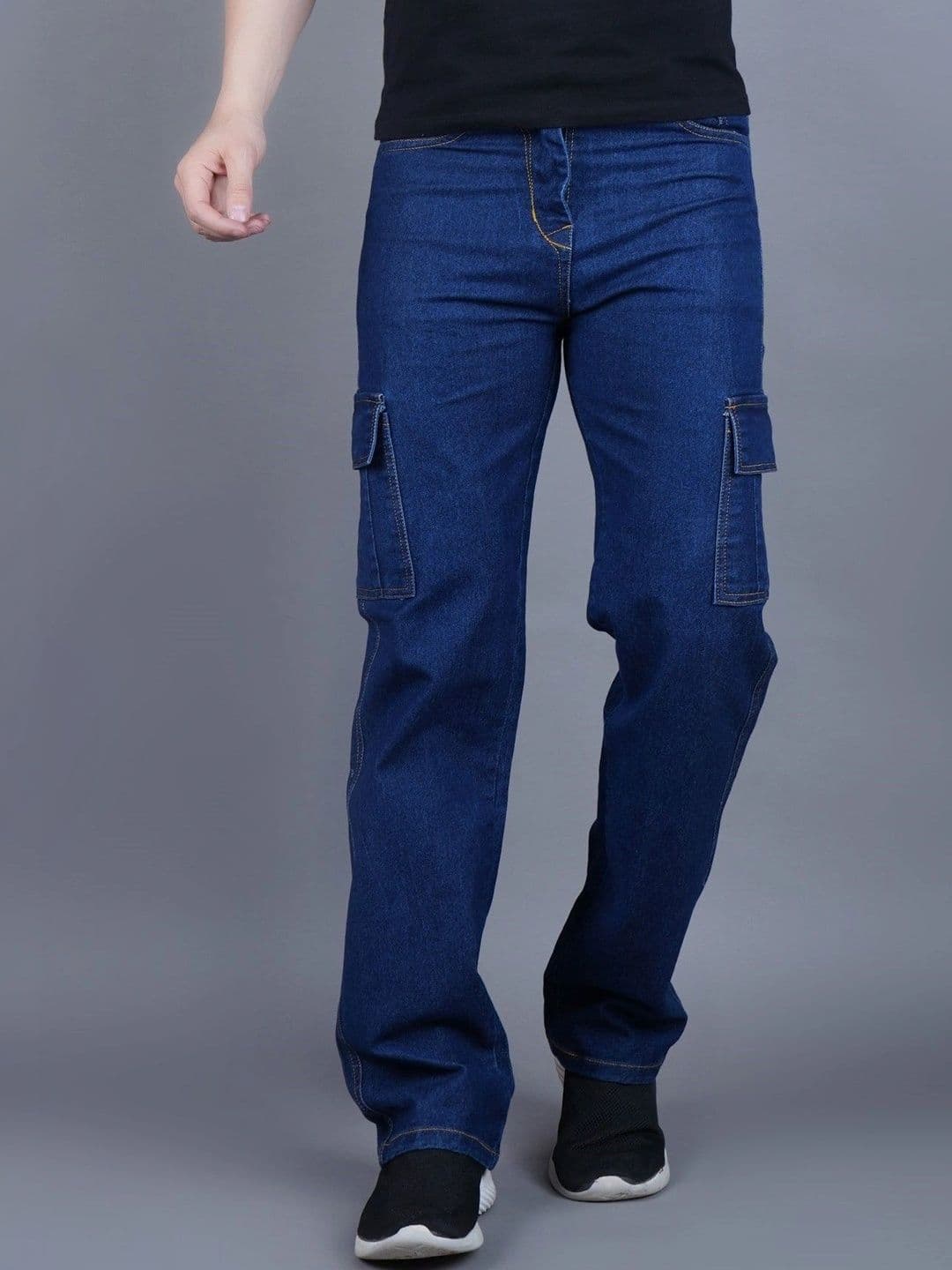 HERE&NOW Men's Dark Wash Cargo Straight Fit Mid-Rise Jeans - view 1
