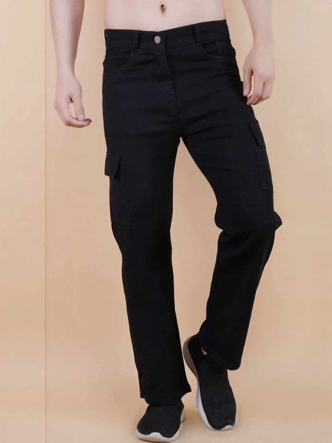 HERE&NOW Men's Jet Black Mid-Rise Cargo Straight Fit Jeans - view 1
