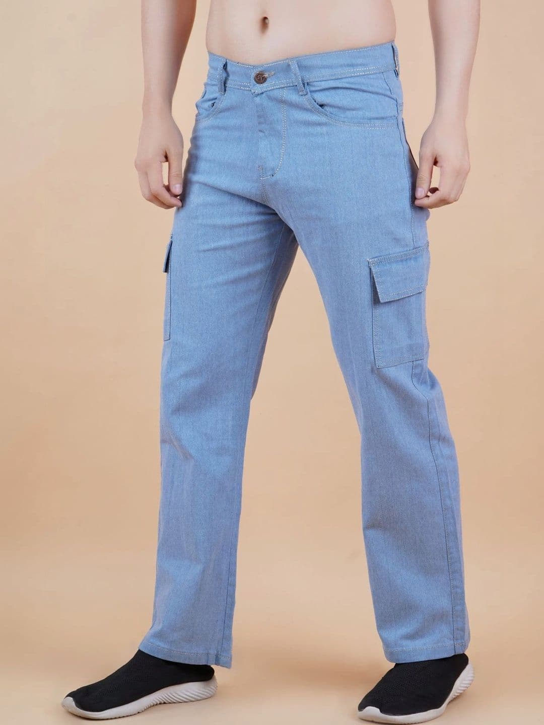 HERE&NOW Men's Light Blue Wash Straight Fit Cargo Jeans with Flap Pockets - view 1