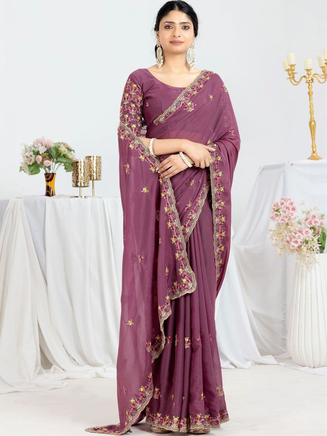 Saanvi Floral Embroidered Poly Georgette Saree - view 1