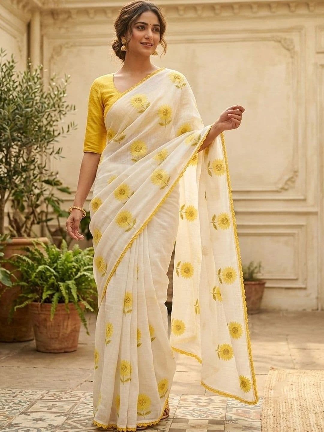 STAVA CREATION Floral Pure Linen Designer Saree - view 1