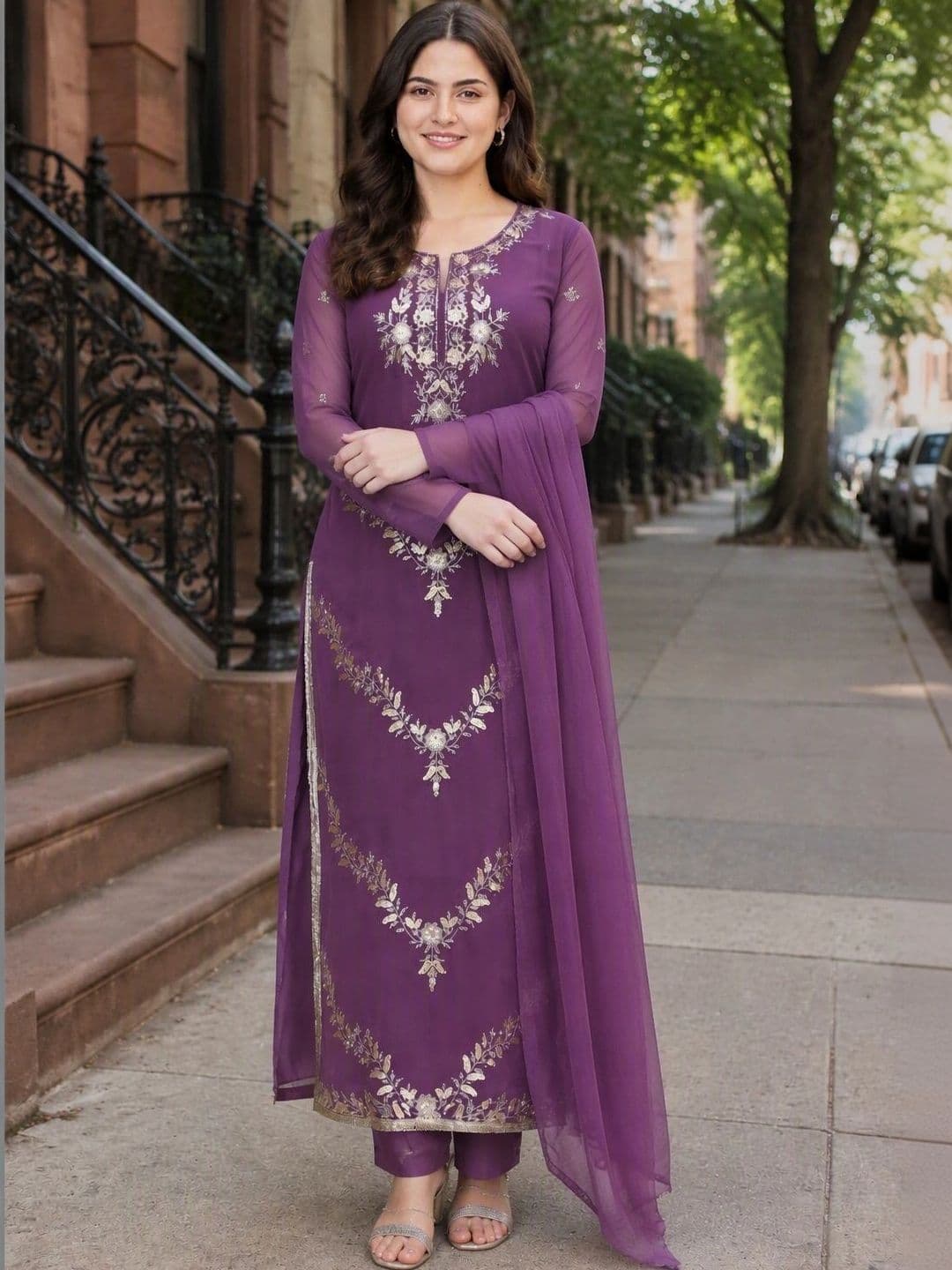 all about you Women Ethnic Motifs Embroidered Straight Kurta with Trousers & Dupatta - view 1