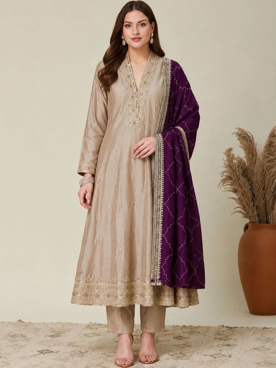 Sangria Women Ethnic Motifs Embroidered Regular Sequinned Kurta with Trousers & With Dupatta - view 1