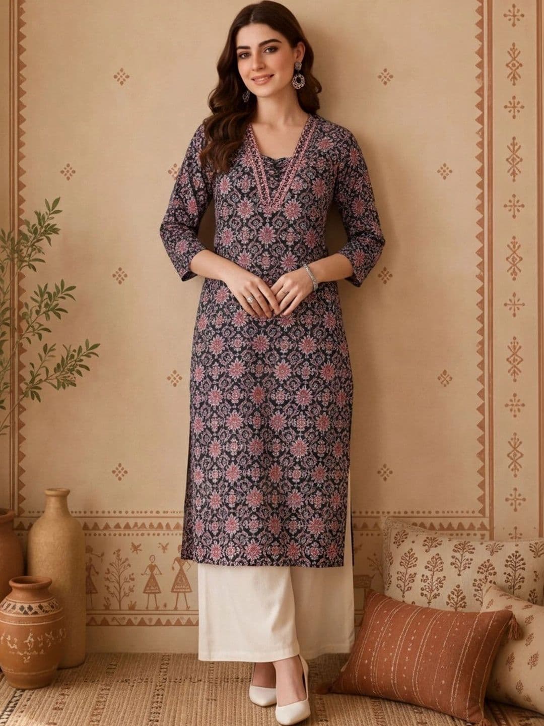 Anouk Women Floral Printed Mirror Work Indie Prints Kurta - view 1