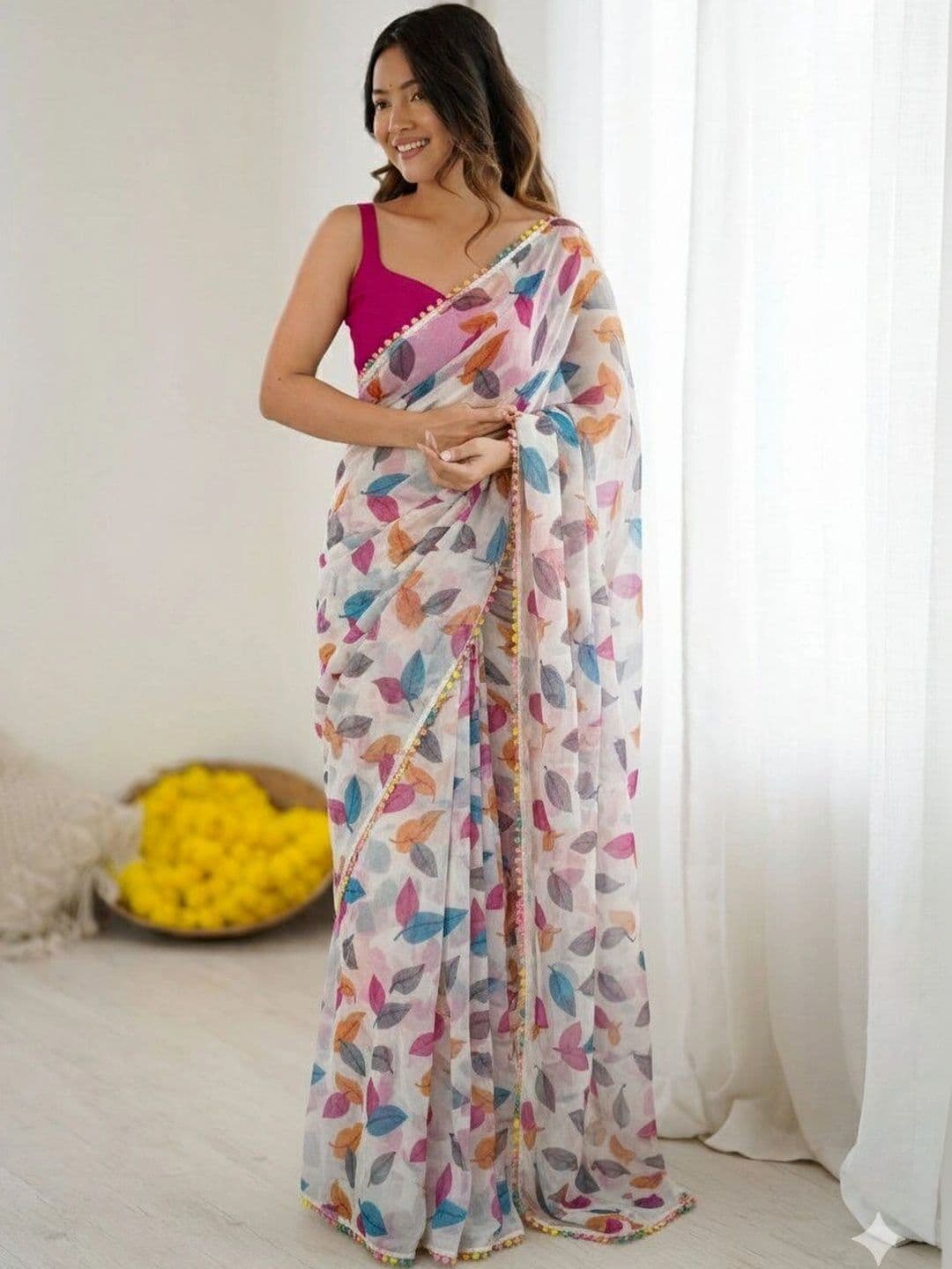 VS MALL Floral Poly Chiffon Saree - view 1