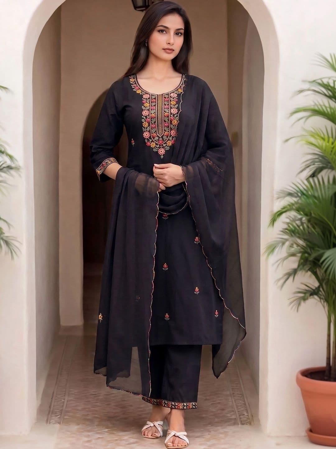 Sangria Women Ethnic Motifs Embroidered Regular Thread Work Kurta with Trousers & With Dupatta - view 1