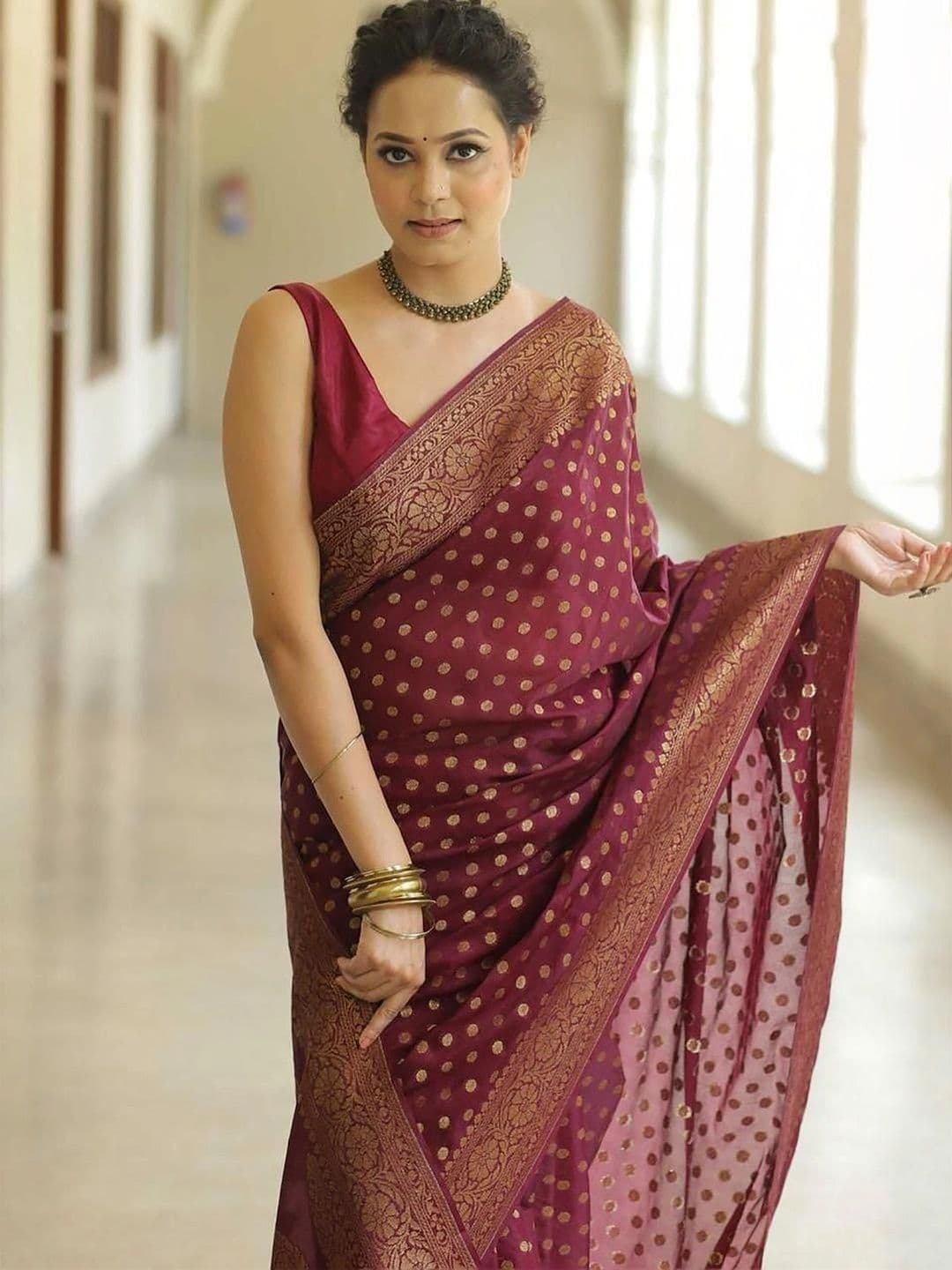 Milvia Polka Dot Zari Silk Blend Designer Kanjeevaram Saree - view 1