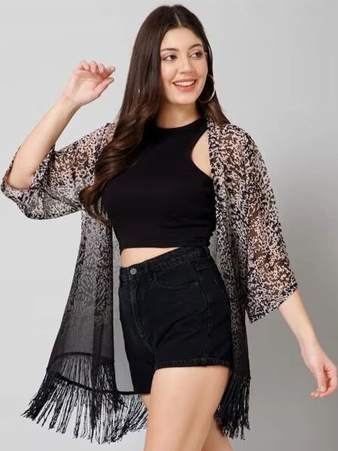 Lunice Women Printed Tasselled Shrug - view 1