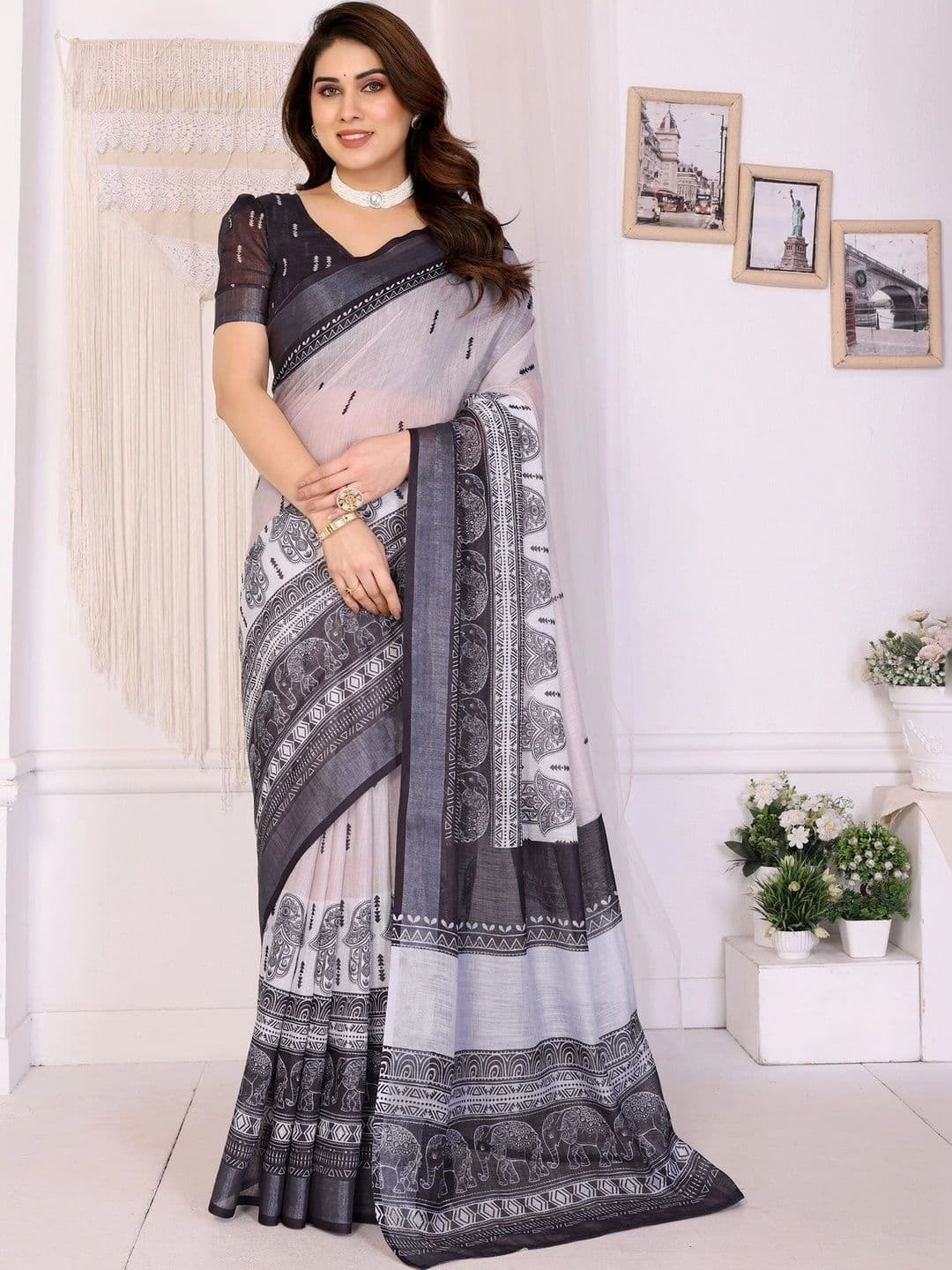 VS MALL Floral Linen Blend Saree - view 1