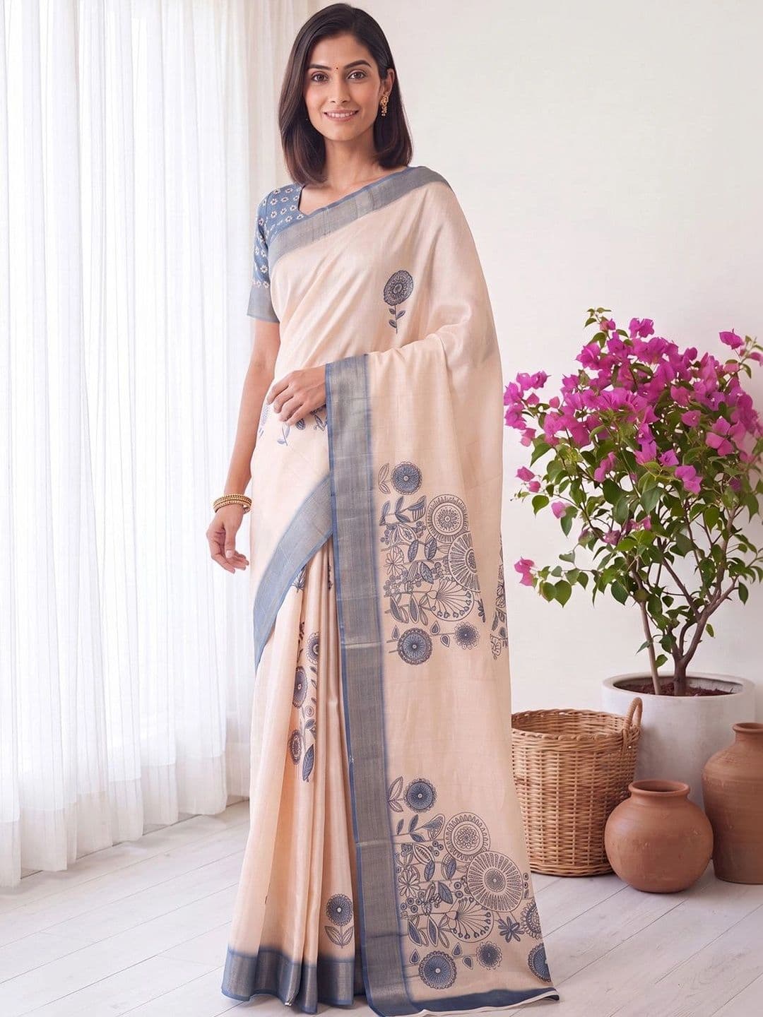 Anouk Floral Silk Blend Designer Chanderi Saree - view 1