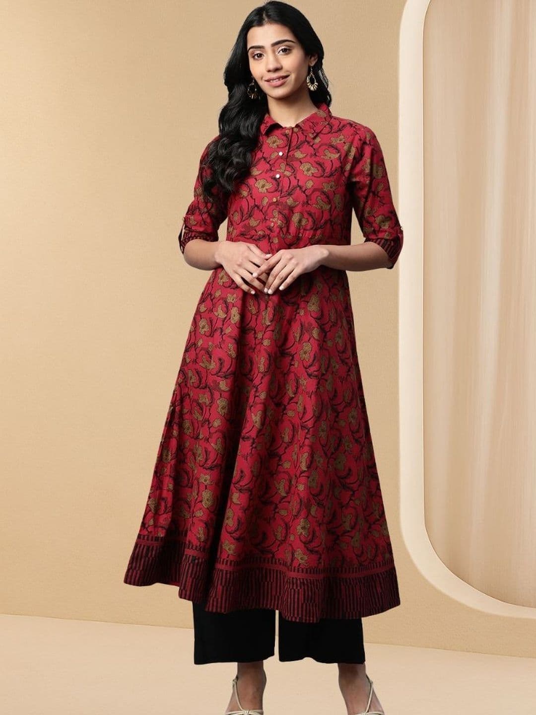 KALINI Floral Printed Shirt Collar Roll-Up Sleeves Cotton Anarkali Kurta - view 1